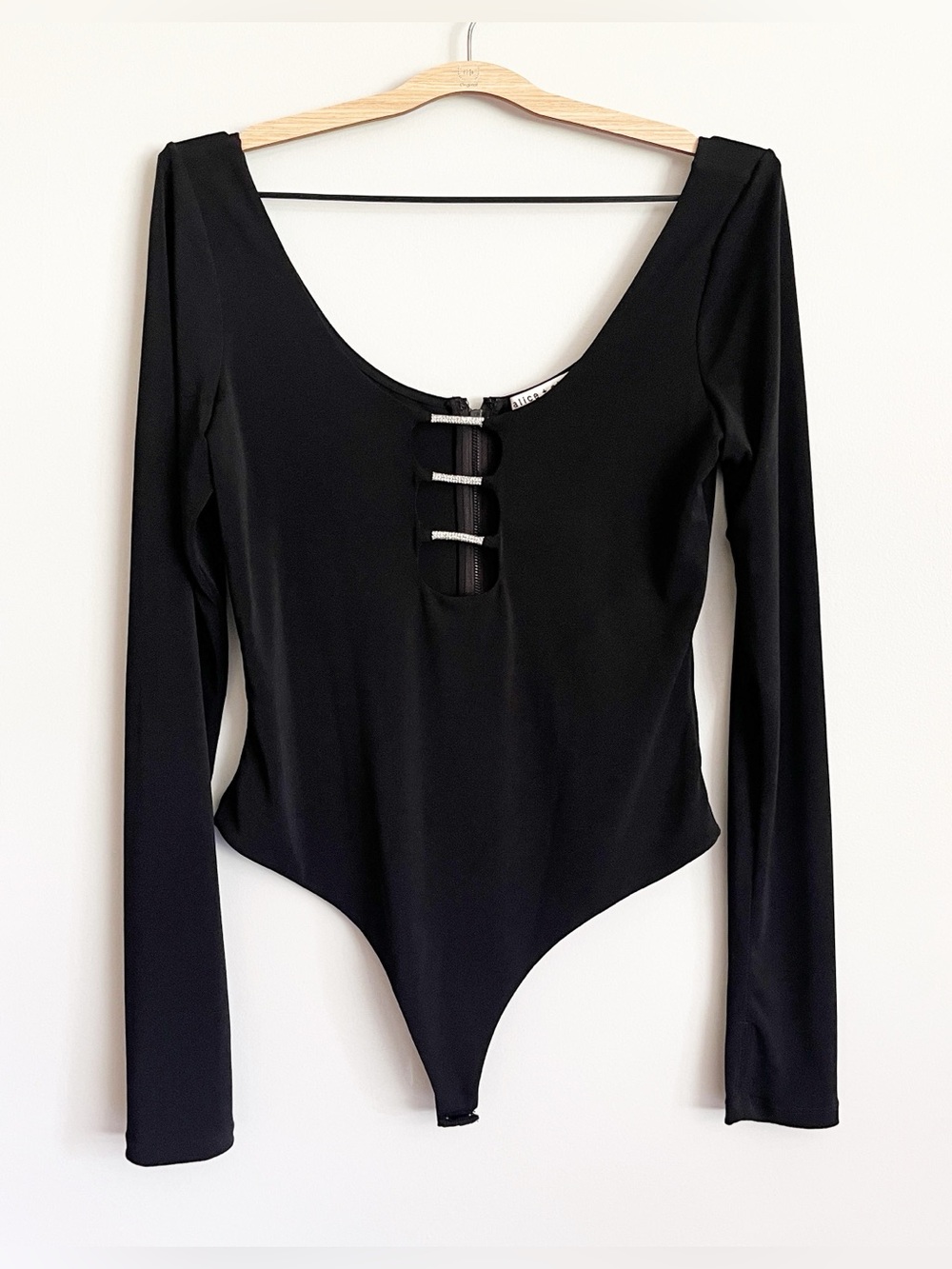 Alice & Olivia Bodysuit Size Large Black Kalena Rhinestone Cut-Out Scoop Neck